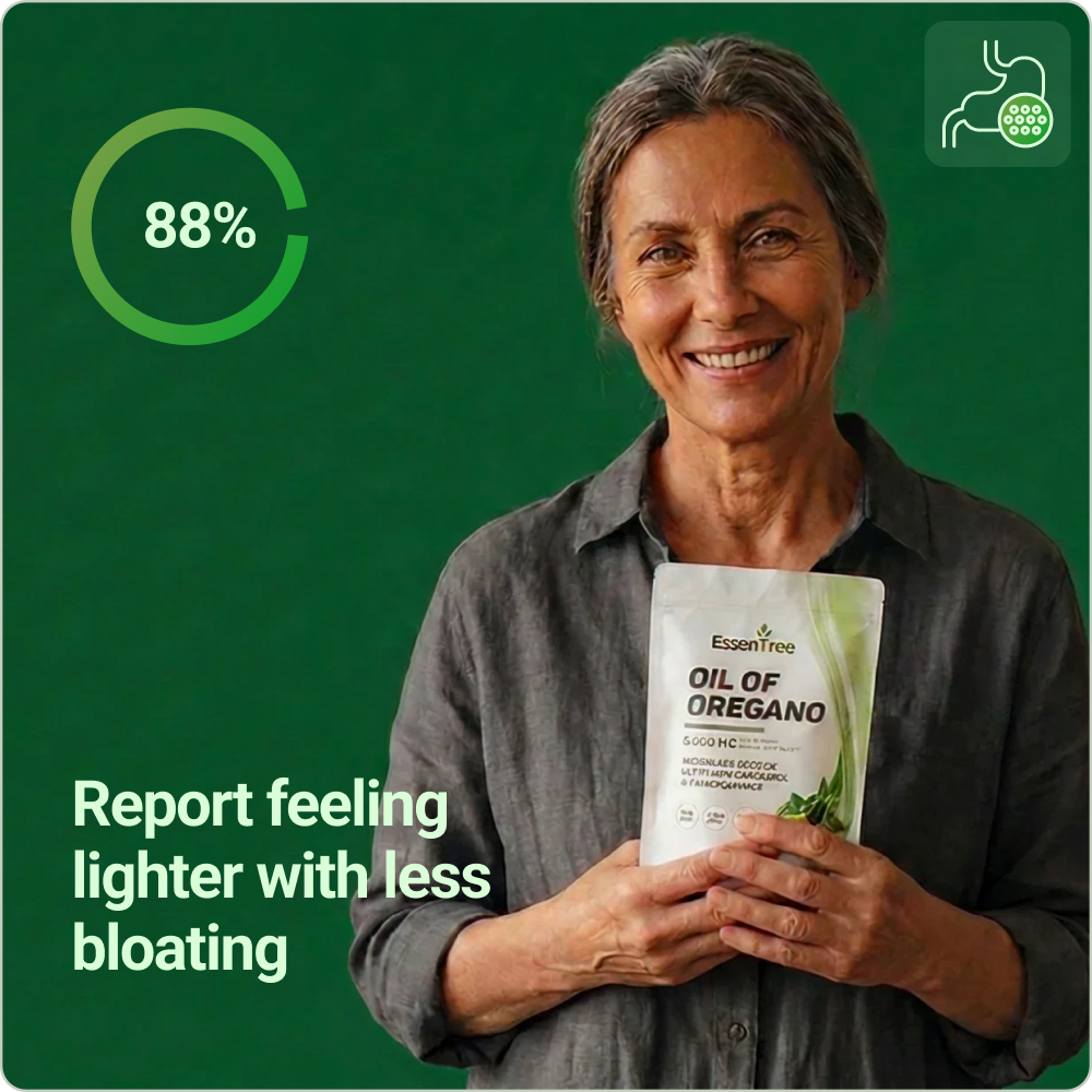 Woman holding a pouch of EssenTree Oil of Oregano supplement