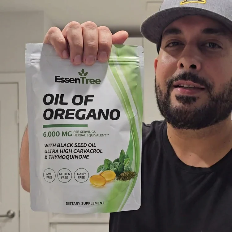David K. holding a pouch of EssenTree Oil of Oregano supplement