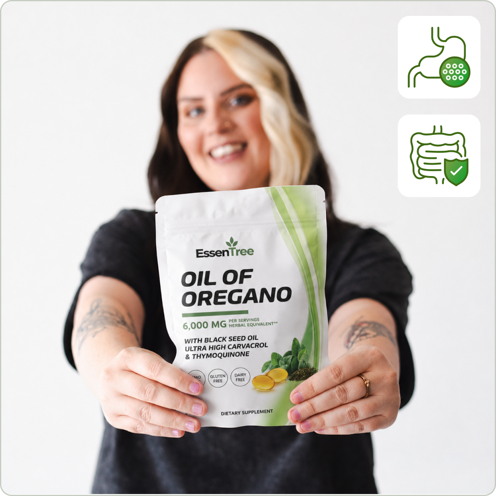 Man holding a pouch of EssenTree Oil of Oregano supplement