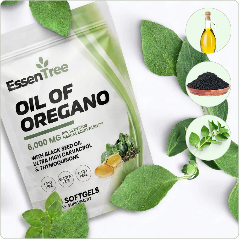 EssenTree Oil of Oregano pouch surrounded by fresh oregano leaves