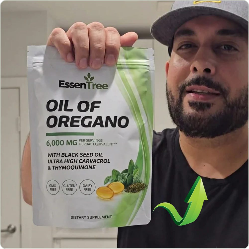 Man holding a pouch of EssenTree Oil of Oregano supplement